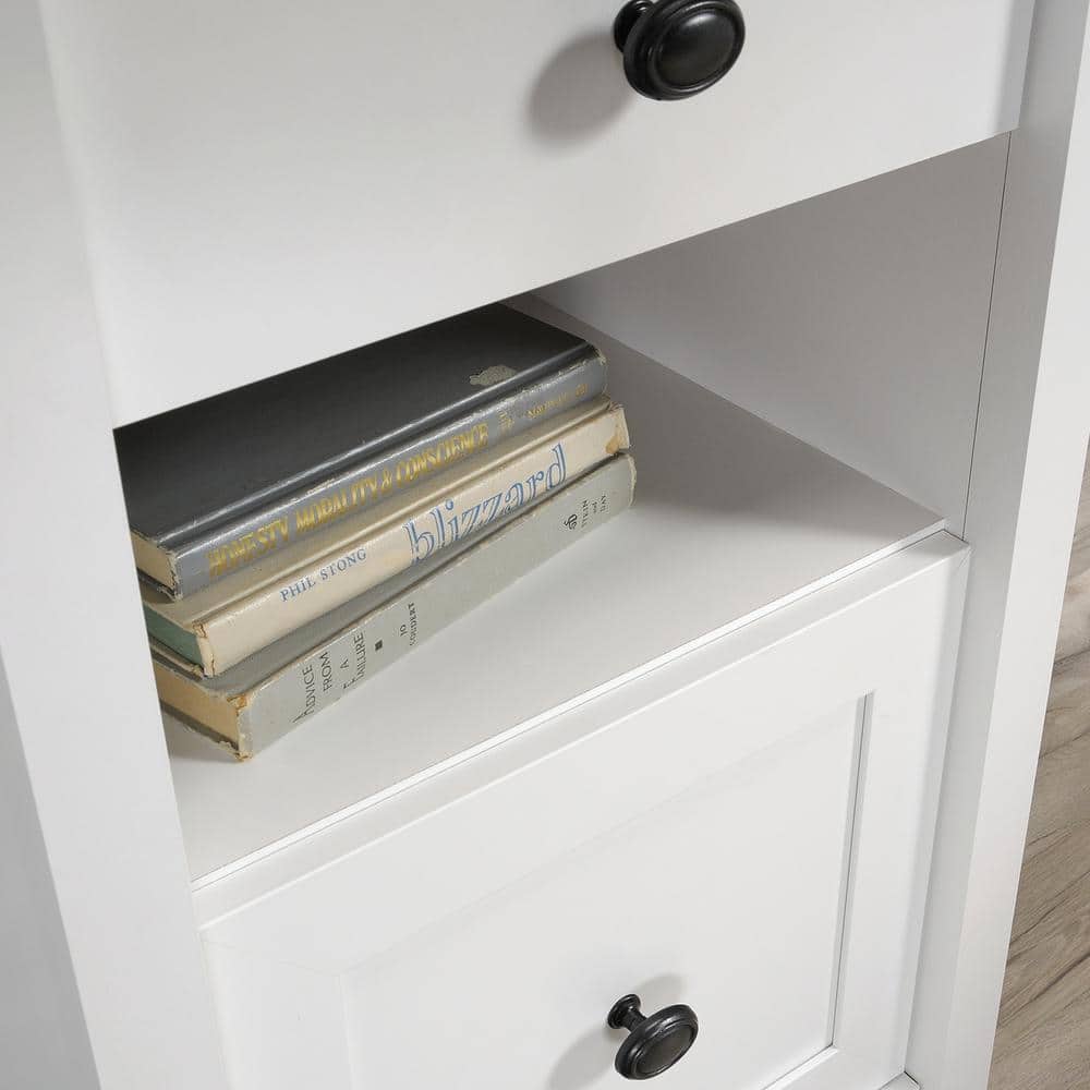Soft White L-Shaped Executive Desk with Drawer and Filing Cabinet