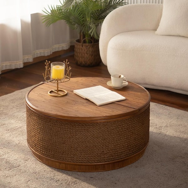 Fioren 31.5 in. Natural Round MDF Wood Lift-Off Lid Coffee Table with Hand-Woven Hemp Rope Trim