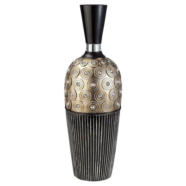 ORE International 7 in. x 20 in. Traditional Black and Gold Decorative Vase