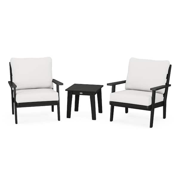 POLYWOOD Grant Park Black 3-Piece Plastic Patio Deep Seating Outdoor Lounge Chair Set with Natural Linen Cushions