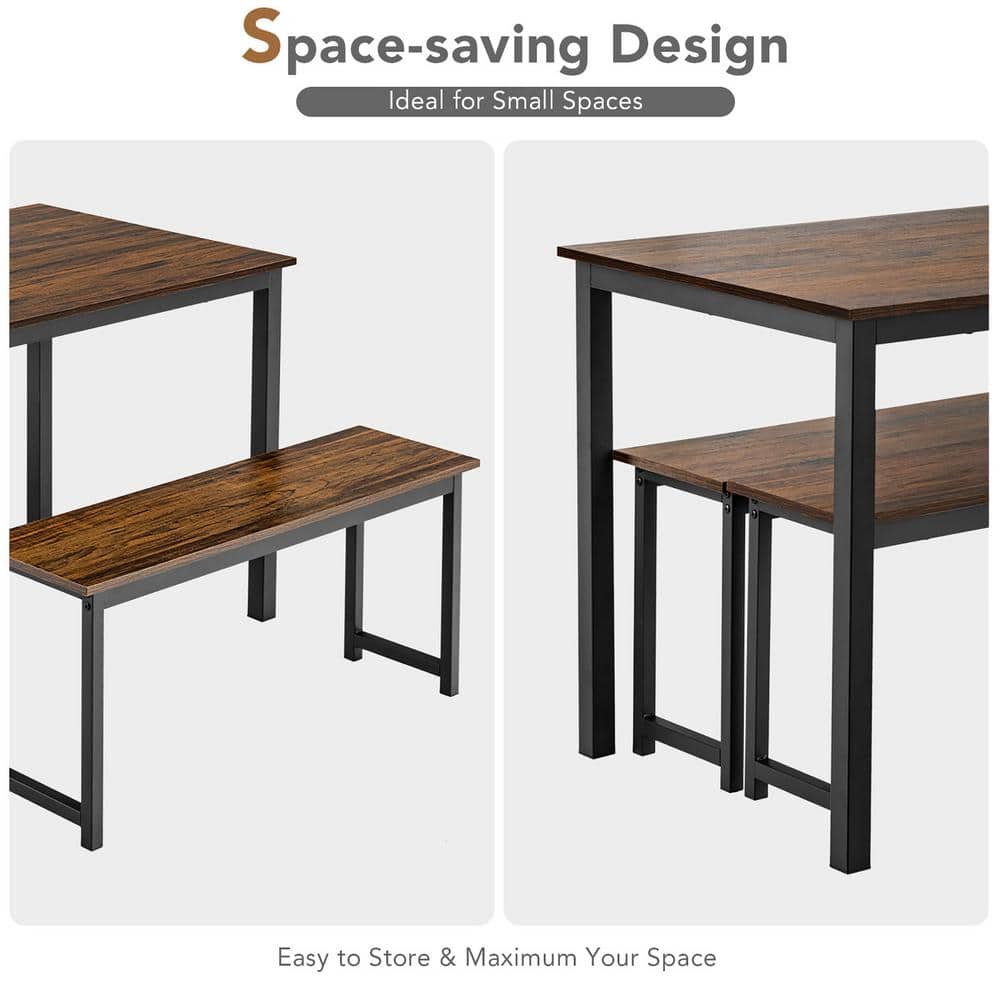 Modern Studio 3-Piece Coffee Dining Table Set with 2 Benches