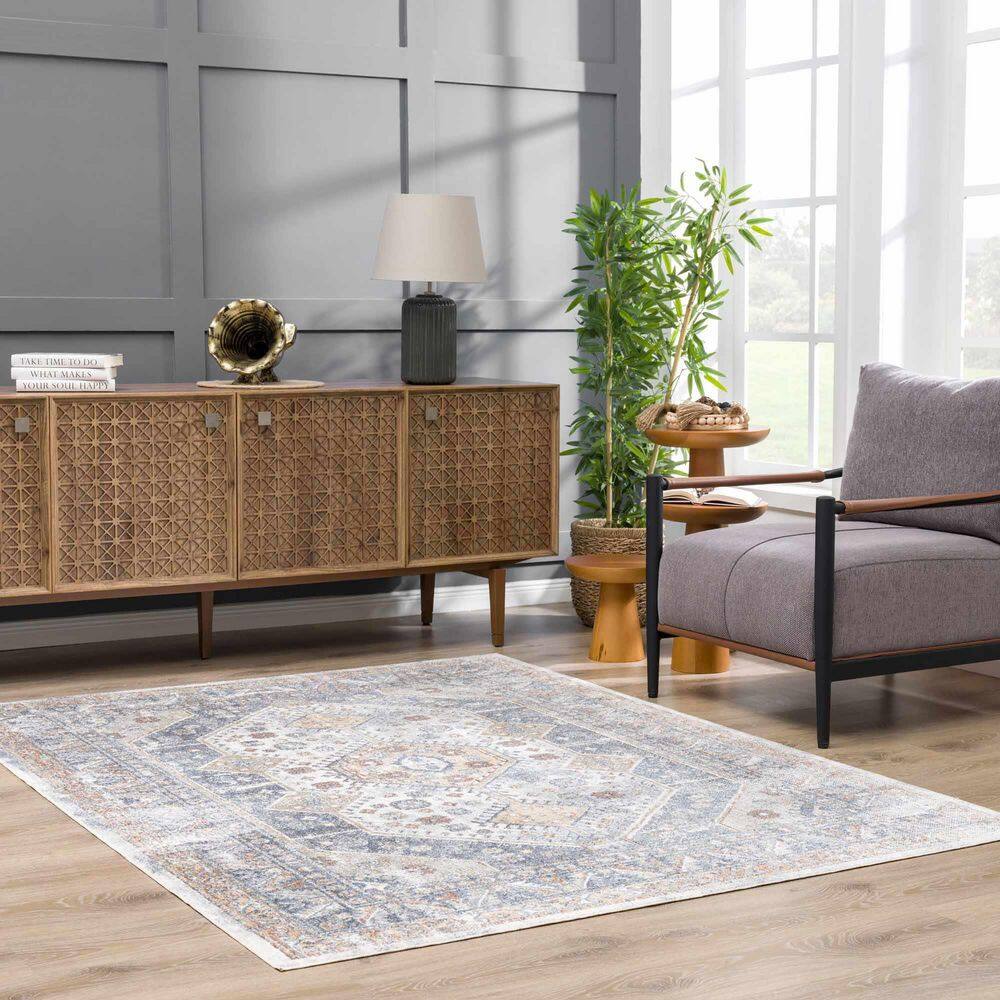 Light Blue and Beige Polyester Medallion Area Rug, 5'3" x 7'