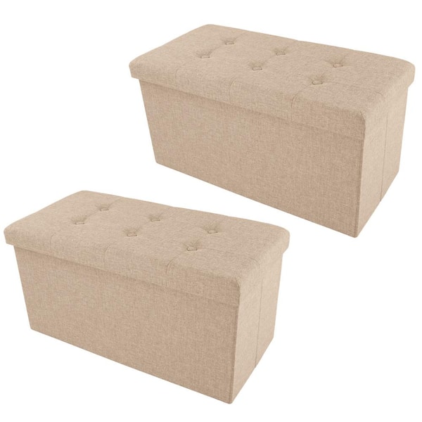 Lavish Home 30 in. Ottoman Footrest, Linen Chest, or Storage Bench, Premium Polyester Outer Cover, Set of 2 Beige Storage Ottoman