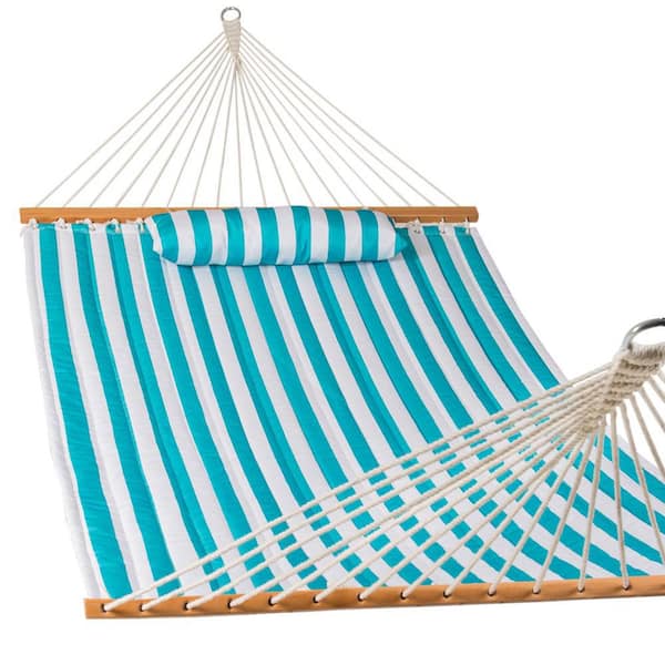 12 ft. Double Quilted Fabric Hammocks plus Pillow Blue White Striped 450 lbs Capacity without Stand