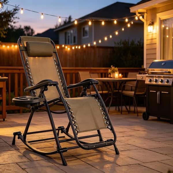 Foldable Gray Outdoor Zero Gravity Rocker, Breathable Mesh Lounge