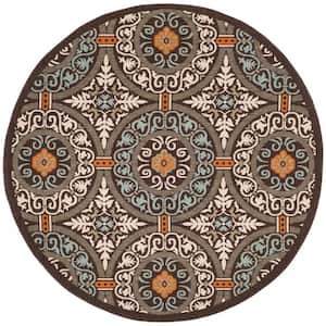 Veranda Chocolate/Aqua 5 ft. x 5 ft. Border Geometric Indoor/Outdoor Patio  Round Area Rug