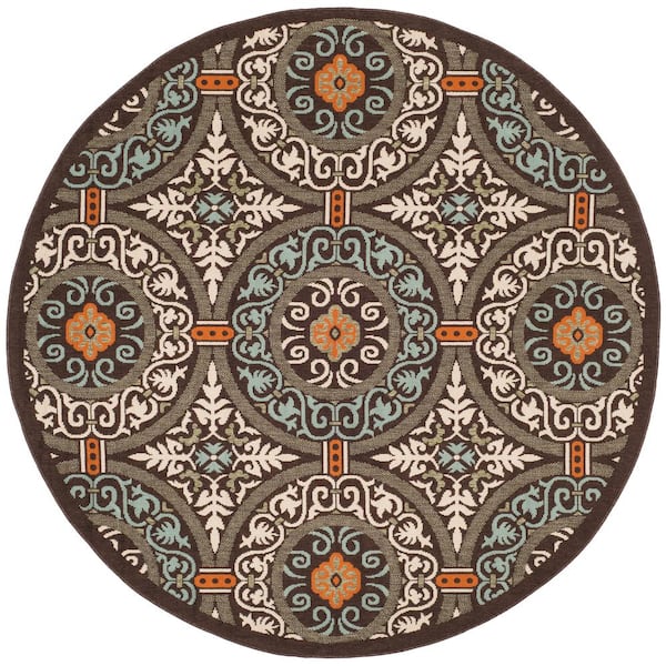 Veranda Chocolate/Aqua 7 ft. x 7 ft. Round Floral Indoor/Outdoor Patio  Area Rug