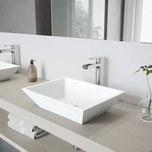 Matte Stone Vinca Composite Rectangular Vessel Bathroom Sink in White with Faucet and Pop-Up Drain in Brushed Nickel
