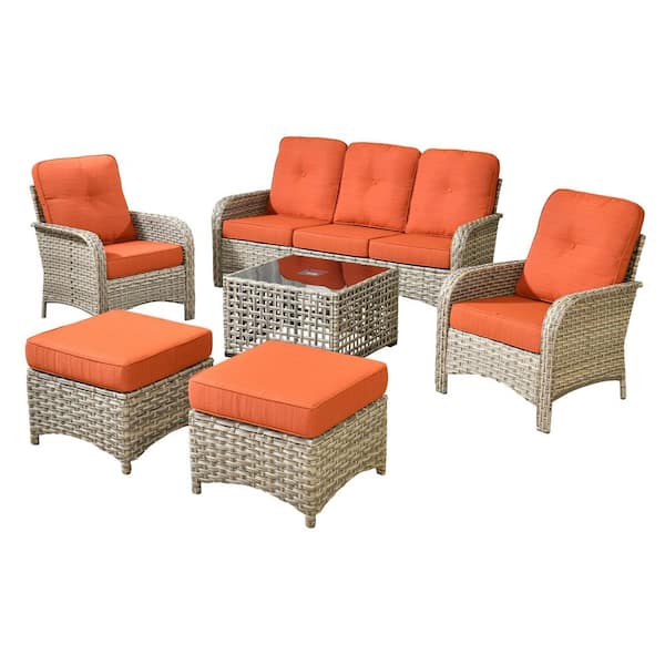 Ruby 6-Piece Wicker Outdoor Furniture Patio Conversation Sofa Set with a Solar-LED Coffee Table and Orange Red Cushions