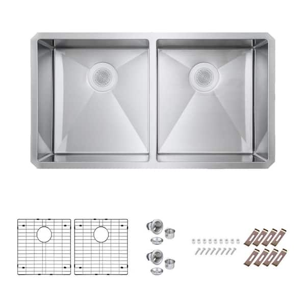 PELHAM & WHITE Bryn Handmade Stainless Steel 16- Gauge 33 in. Double Bowl Undermount ADA Kitchen Sink with Bottom Grid, Drain