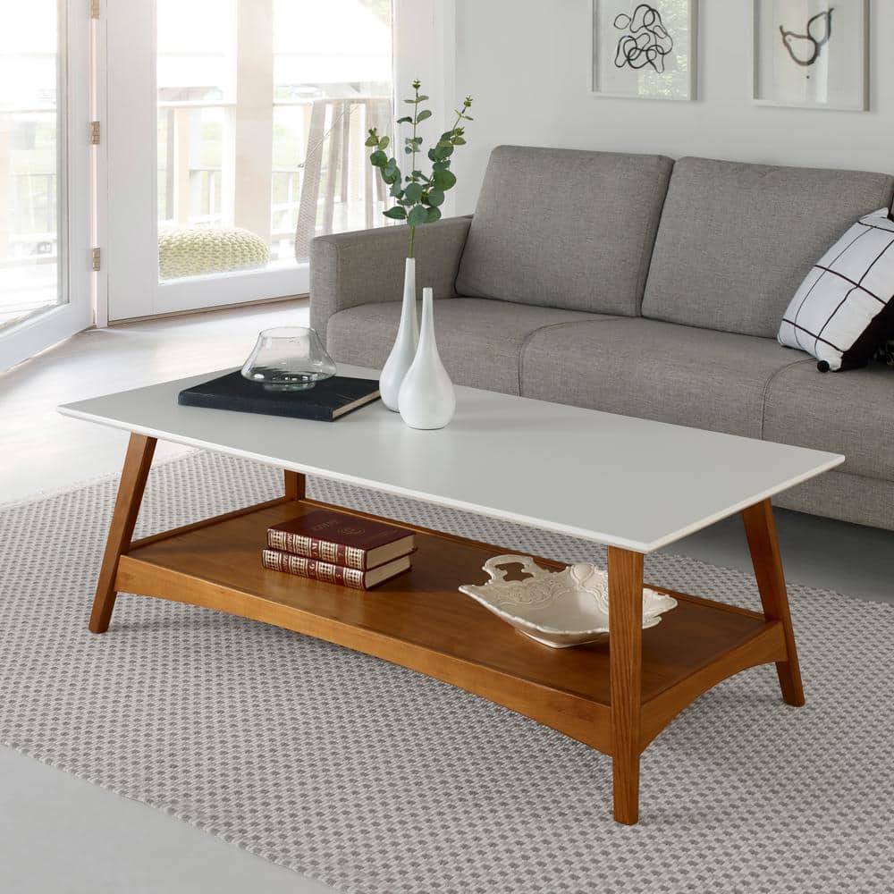 Mid-Century Modern Rectangular Coffee Table with Storage in Castanho & White
