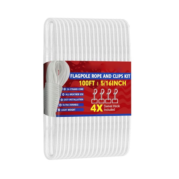 100Ft 5/16 in. Double Braided Nylon Flag Pole Rope Kit with 4 Swivel Snap Hooks Outdoor Heavy Duty Replacement Accessory