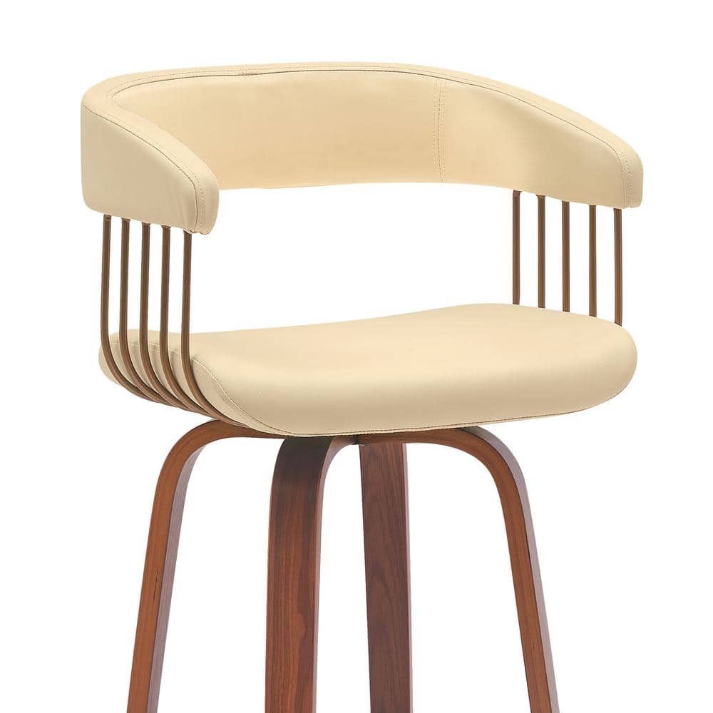 Topanga Cream Faux Leather Swivel Counter Stool with Walnut Wood and Bronze Metal