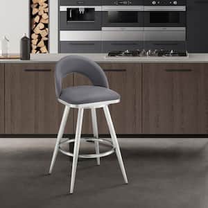 Lottech 38 in. Grey/Brushed Stainless Steel Stainless Steel 30 in. Bar Stool with Faux Leather Seat