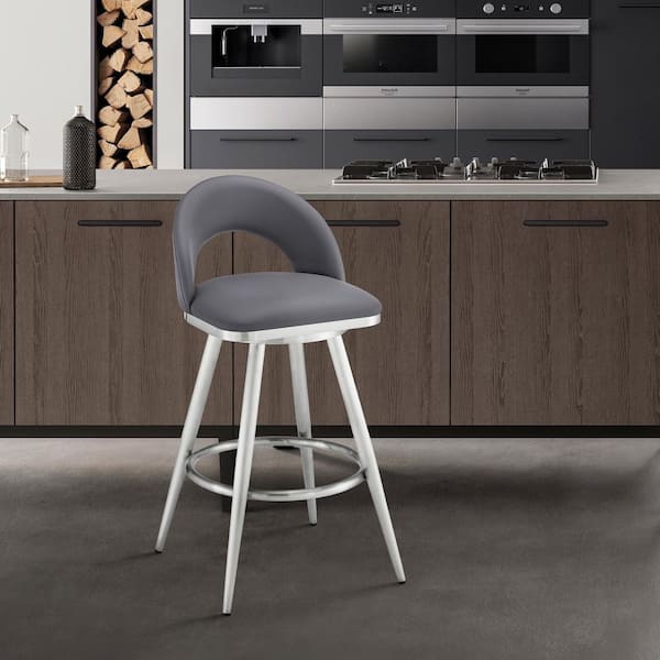 Armen Living Lottech 38 in. Grey/Brushed Stainless Steel Stainless Steel 30 in. Bar Stool with Faux Leather Seat
