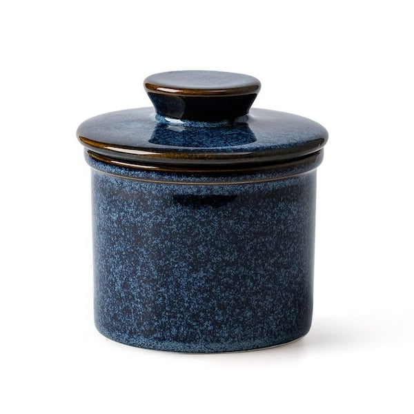 6 oz. Reactive Glaze Speckled Blue Ceramic Butter Crock with Lid, Porcelain Butter Dish for Spreadable Fresh Butter