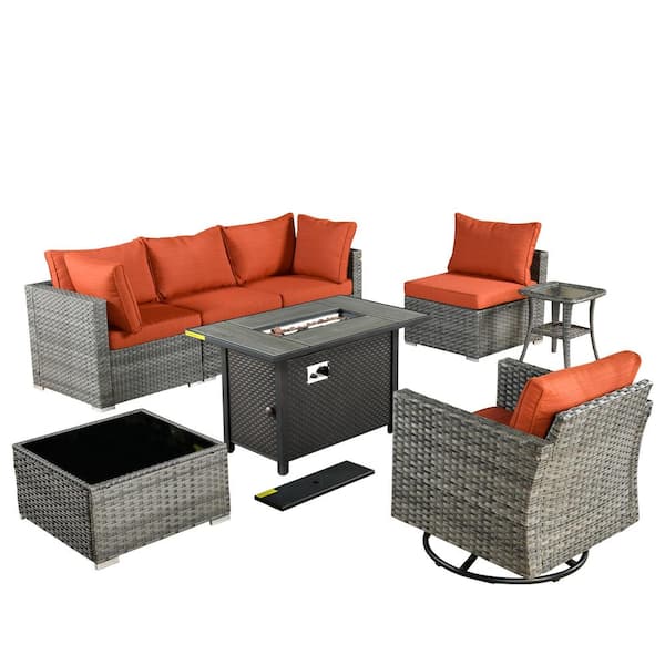 Sanibel Gray 8-Piece Wicker Outdoor Patio Conversation Sofa Sectional Set with a Metal Fire Pit and Orange Red Cushions