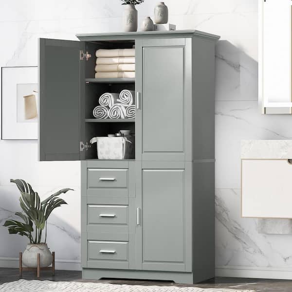 32.6 in. W x 19.6 in. D x 62.2 in. H Gray MDF Board Tall Linen Cabinet with Adjustable Shelf and 3 Drawers