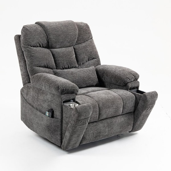 Flagship Dual Motor 26 in. W Oversized Gray Chenille Power Lift Recliner Chair with Hidden Cup Holder Wireless Charging
