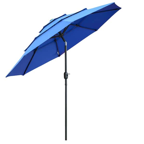 Outsunny 9 ft. 3-Tiers Patio Umbrella Market Outdoor Umbrella in Dark Blue with Crank, Push Button Tilt