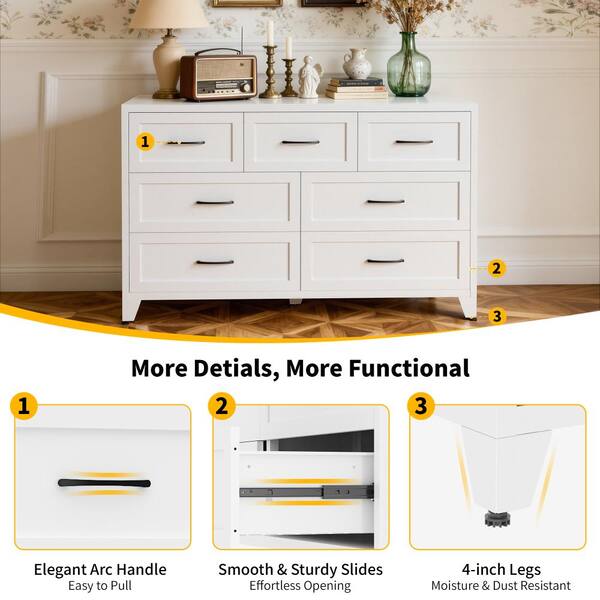 low profile dresser 7-Drawer Dresser, Wide Low-Profile Storage Cabinet, White Metal Chest of Drawers for Bedroom, Living Room & Entryway
