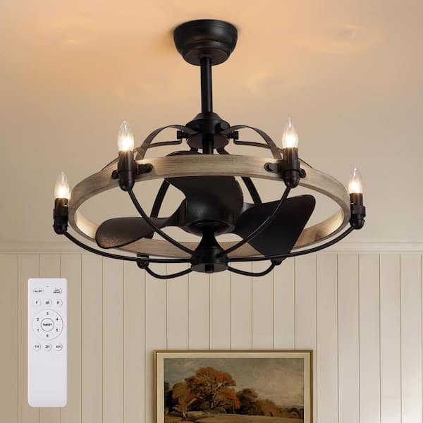 27 in. Vintage Downrod Mount Indoor Light Wood Finish Caged Fandelier Ceiling Fan with 6-Light Candelabra and Remote