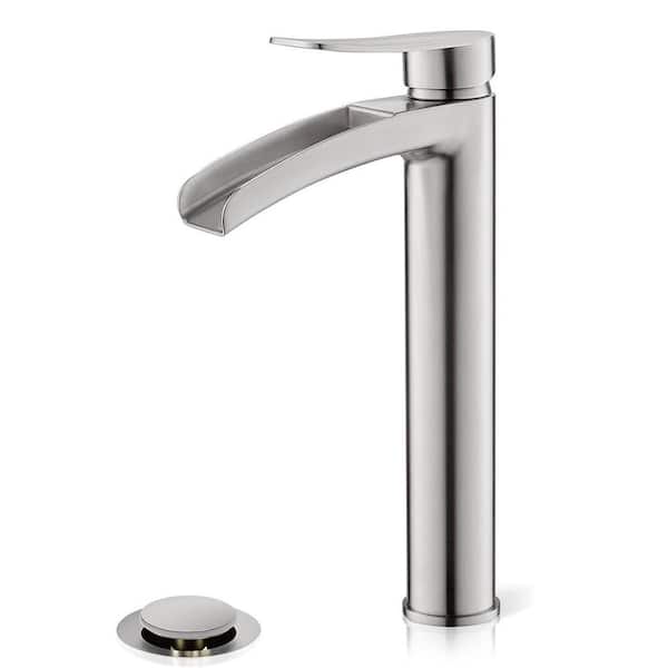 Brushed Nickel Tall Bathroom Vessel Sink Faucet, Single Hole Single Handle Waterfall Modern Bathroom Faucet
