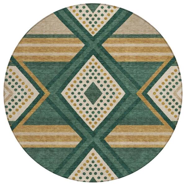 Chantille Machine Washable Indoor/Outdoor Abstract ACN3128 Emerald 8 ft. x 8 ft. Round Rug