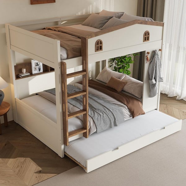 Mateusz Beige Queen Over Queen Wood Bunk Bed with Trundle and Storage Shelves