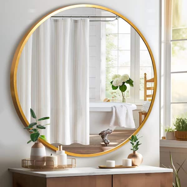 Lirago 47 in. W. x 47 in. H Metal Framed Round Mirror in Gold