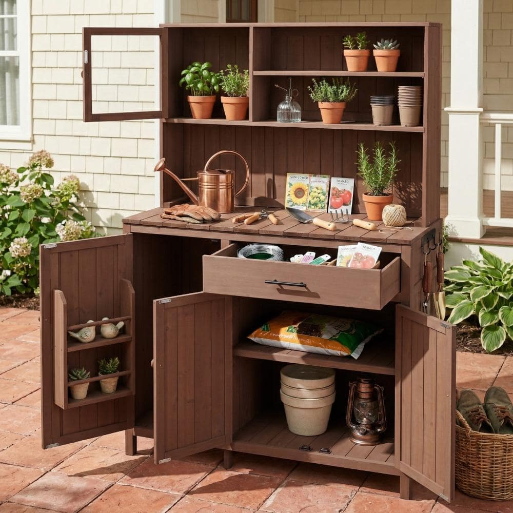 44.6 in. W × 65 in. H Brown Potting Bench with Adjustable Shelves, Spice Rack, Side Hook, Drawer, Hutch price history on PriceWatchPro