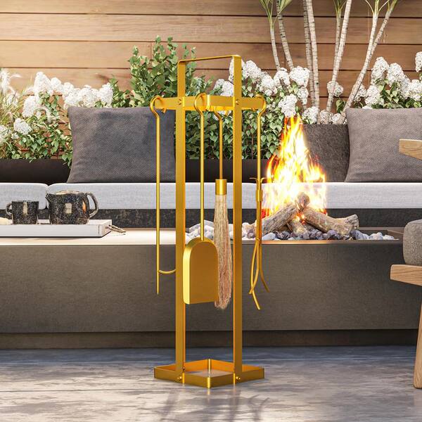 5-Piece Heavy Duty Fireplace Tool Set With Stand | Brushed Bronze Finish