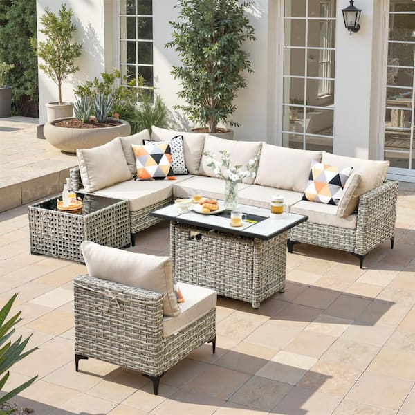 Coralia Gray 8-Piece Outdoor Wicker Patio Conversation Sets With Fire Pit, Beige Cushion and Lighted Coffee Table