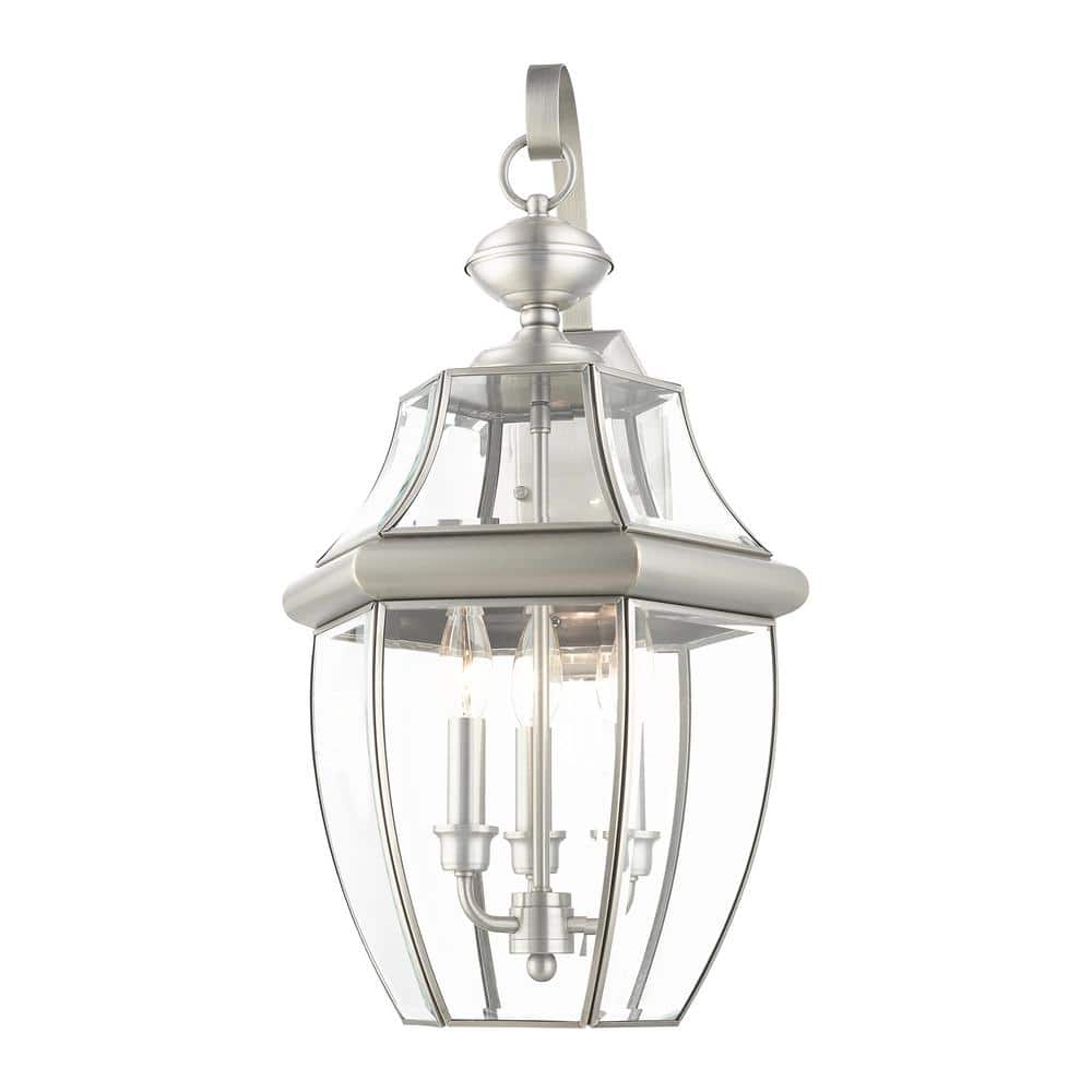 Elegant Brushed Nickel 3-Light Outdoor Wall Lantern with Clear Beveled Glass