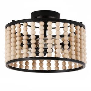12.8 in. 3-Light Black Semi Flush Mount Round Ceiling Light Fixture with Wood Bead and No Bulbs Included
