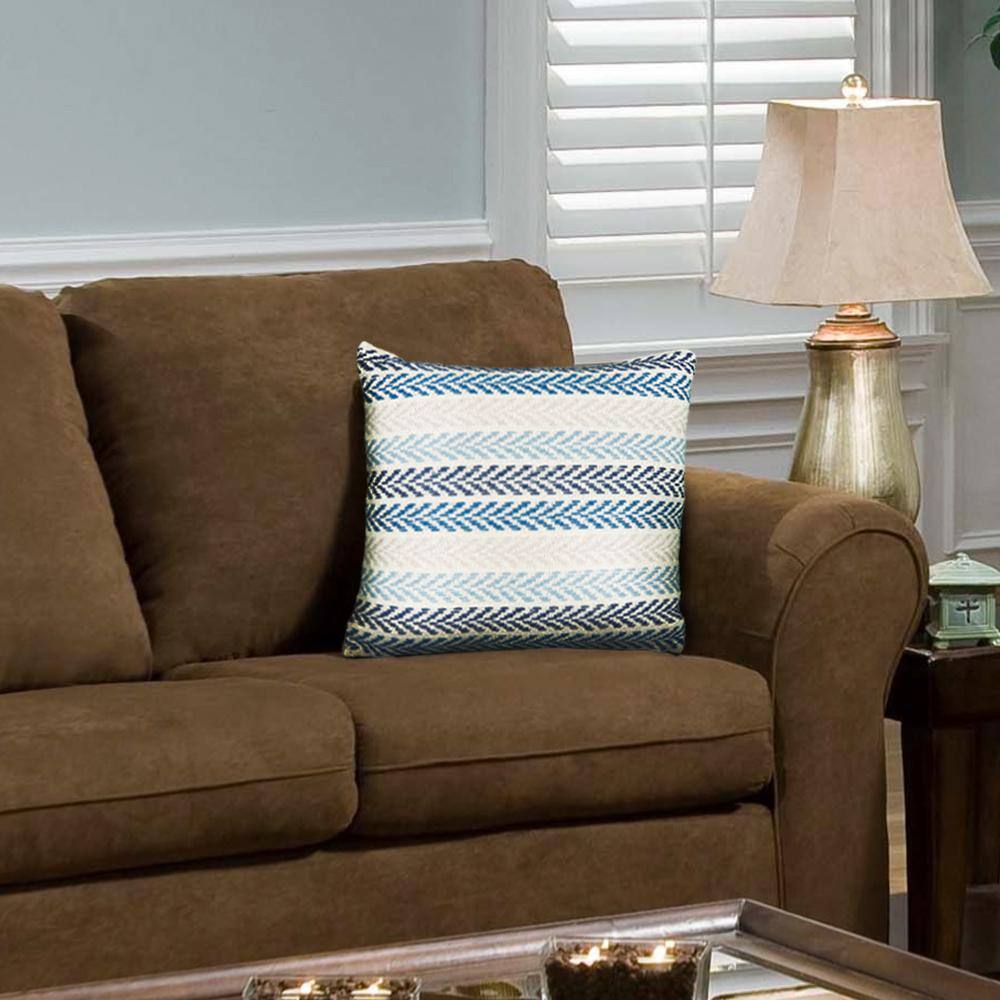Hand-Woven Blue and Cream Chevron Cotton Throw Pillow