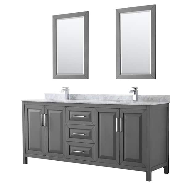 Wyndham Collection Daria 80 in. Double Bathroom Vanity in Dark Gray with Marble Vanity Top in Carrara White and 24 in. Mirrors