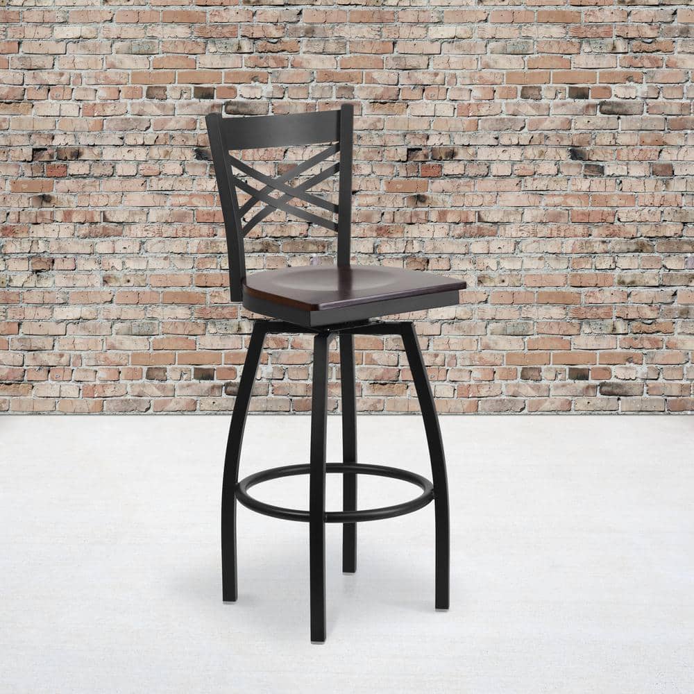 Hercules Series 'X' Back Swivel Barstool with Walnut Wood Seat