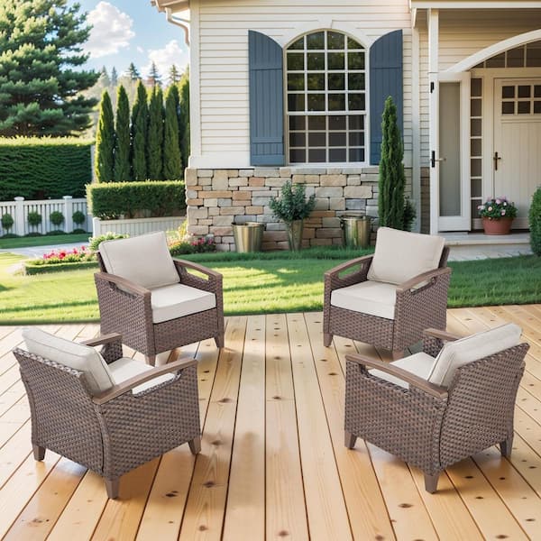 Kelsey Beige 4-Piece All-Weather Brown Wicker Armchairs with 4 in. Ergonomic Cushions
