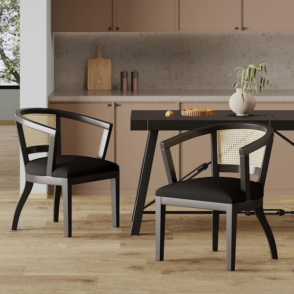 Noble House Danmore Natural Brown and Black Velvet and Cane Dining Chairs (Set of 2)