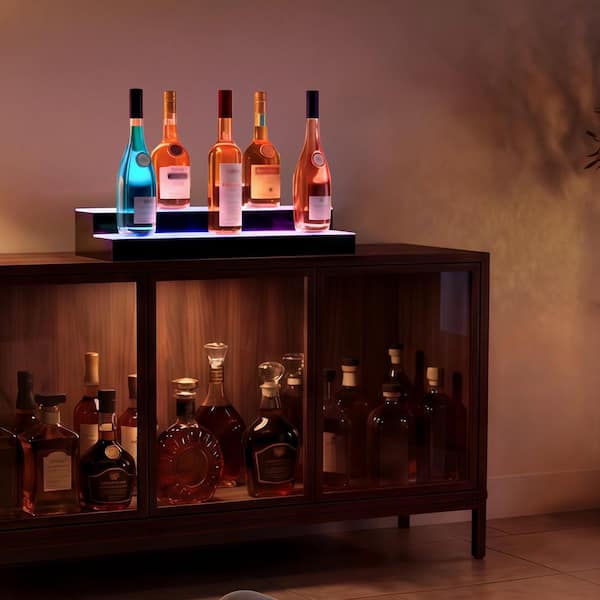LED Lighted Liquor Bottle Display, 3.9 in. H x 7.9 in. W, 16-Bottles Black and White Acrylic Shelf for Home Bar