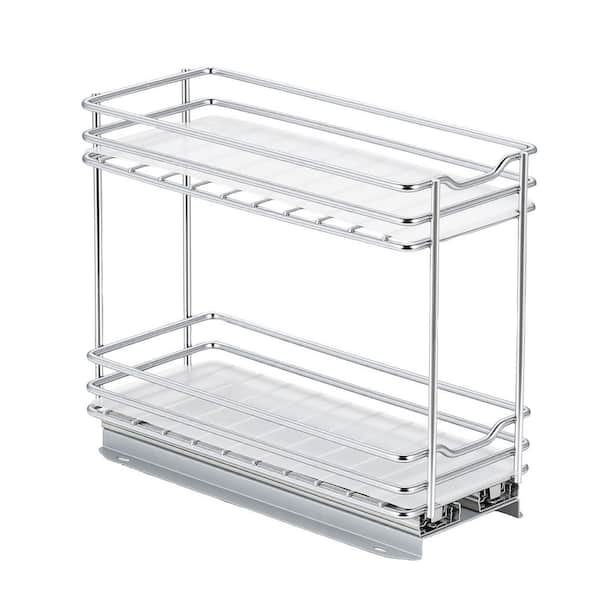 Pull Out Spice Rack Organizer for Cabinet, 2 Tier Slide Out Spice Rack Organizer, Metal Seasoning Kitchen Basket, Silver