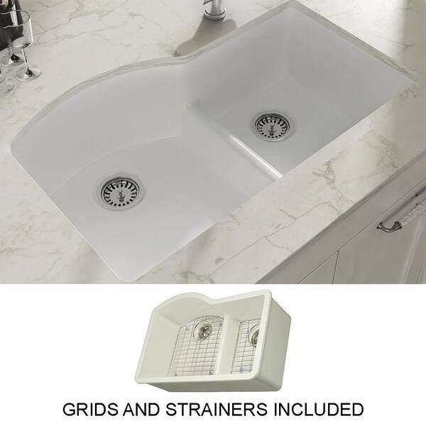 Empire Industries Yorkshire Undermount Fireclay 33 in. 55/45 Double Bowl Kitchen Sink with Grid and Strainer in White