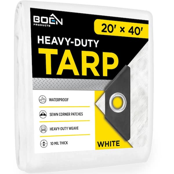 BOEN Heavy-Duty White Poly Tarp Cover 20 ft. W x 40 ft. L Waterproof, Tarpaulin Great for Canopy Tent, Boat, RV