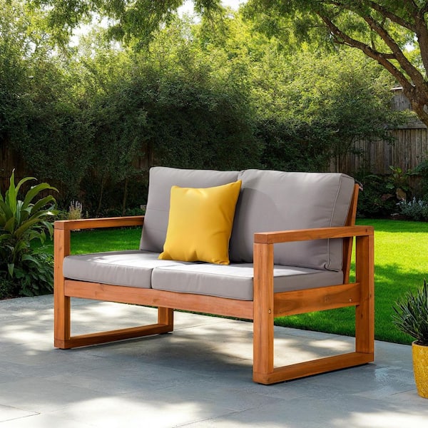 Walker Edison Furniture Company Brown Acacia Wood Outdoor Loveseat with Grey Cushions