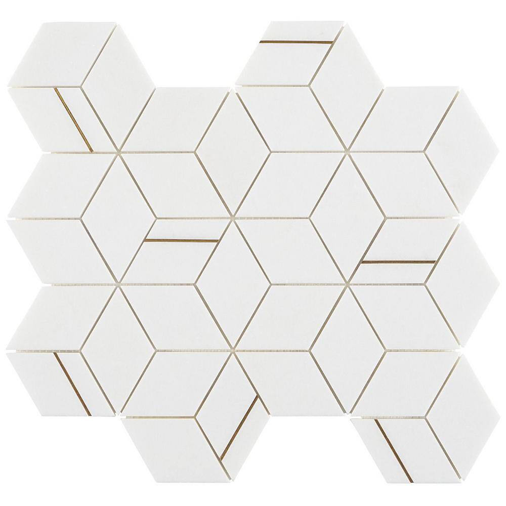 Graceland White Marble and Brass Hexagonal Mosaic Tile