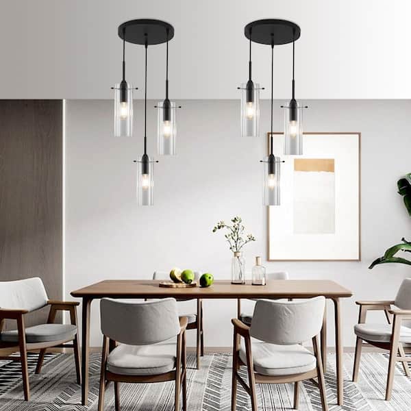 3-Light Black Rustic Pendant Design Hanging Chandelier Lighting with Glass Shade for Kitchen Island