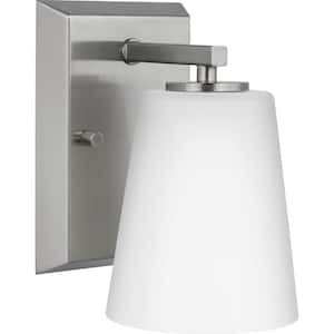 Vertex Collection 4.75 in. 1-Light Brushed Nickel Etched White Glass Contemporary Vanity Light