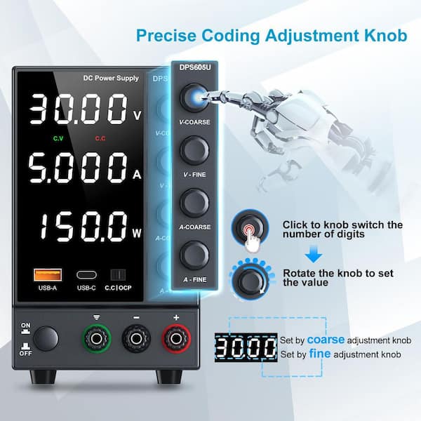 Yichuhaoxi 0-60V 0-5A DC Power with 5V 3. 6A USB & Type-C Quick