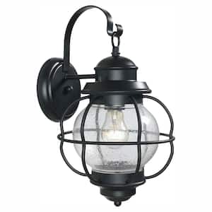 Greer 1-Light Black Outdoor Wall Lantern Sconce Light with Caged Seeded Glass